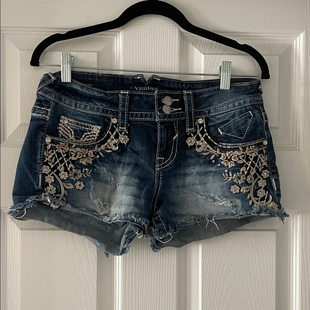 Vigoss Dark Blue Jean Shorts with Beige Embroidery
